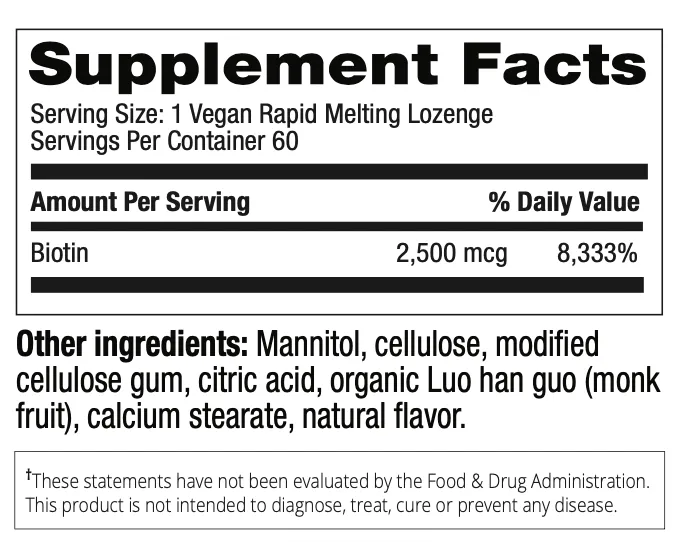 Biotin 2500 mcg, 60 rapid melt vegan lozenges (item 224)