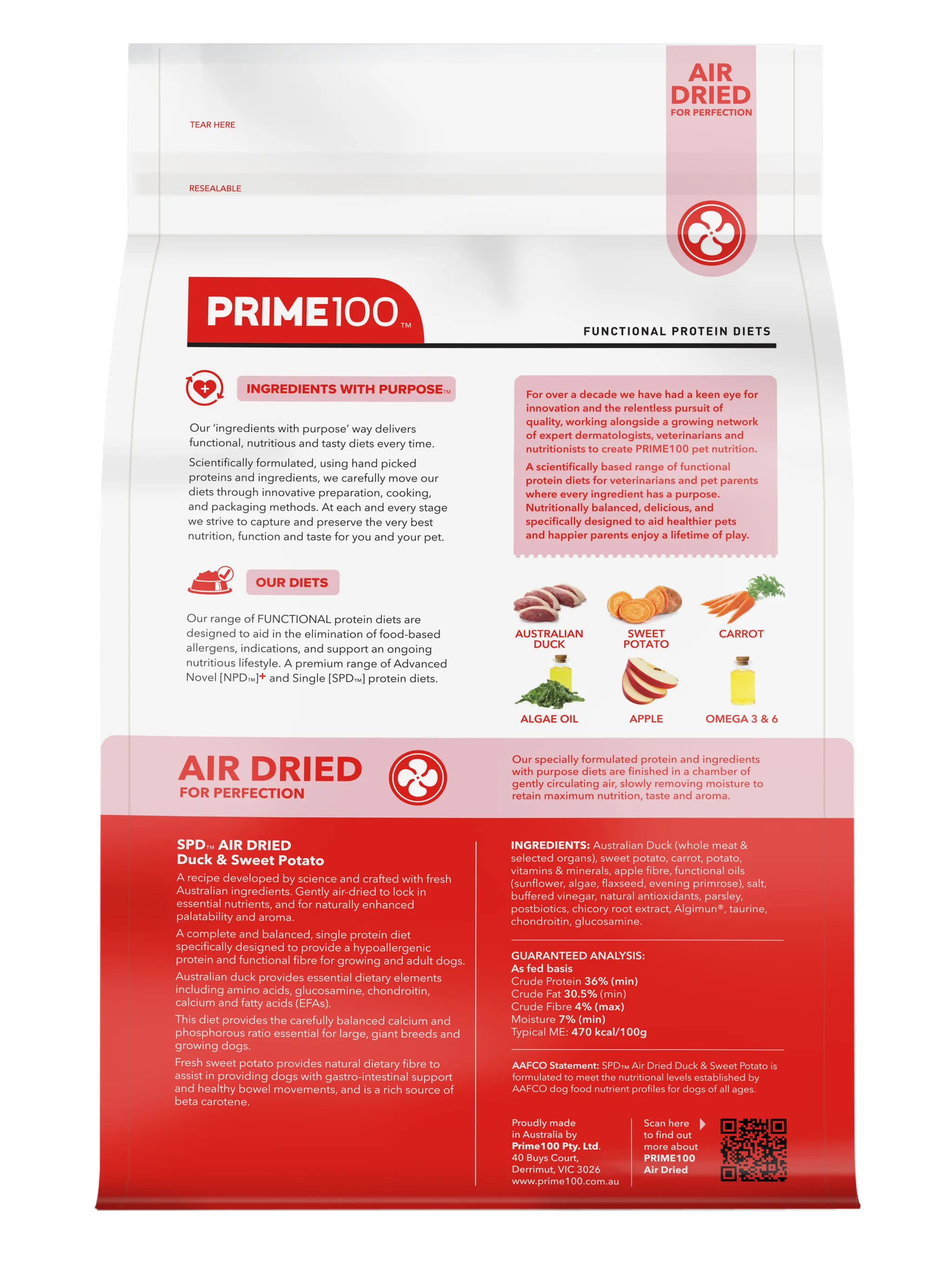 Prime100 Air Dried Dog Food Duck & Sweet Potato