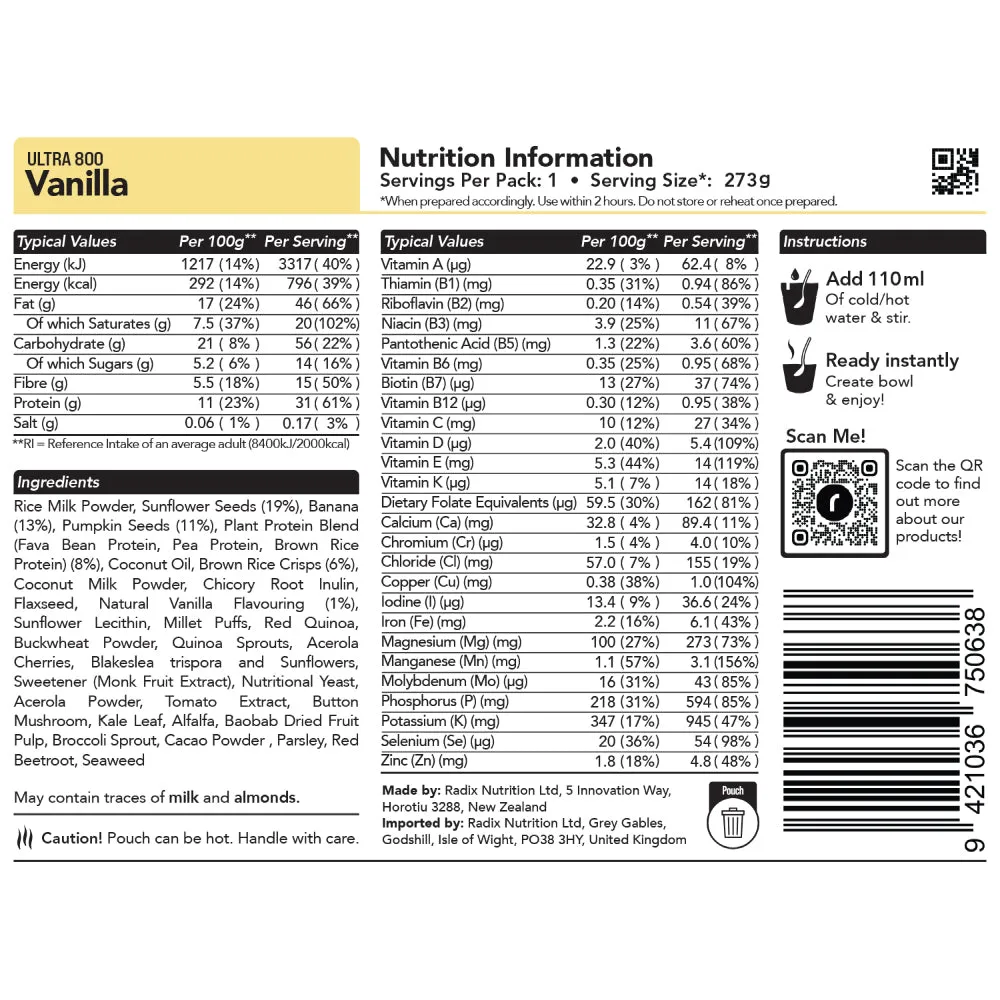 Radix Nutrition Ultra v9 Vanilla Breakfast Meal (163g) 800kcal