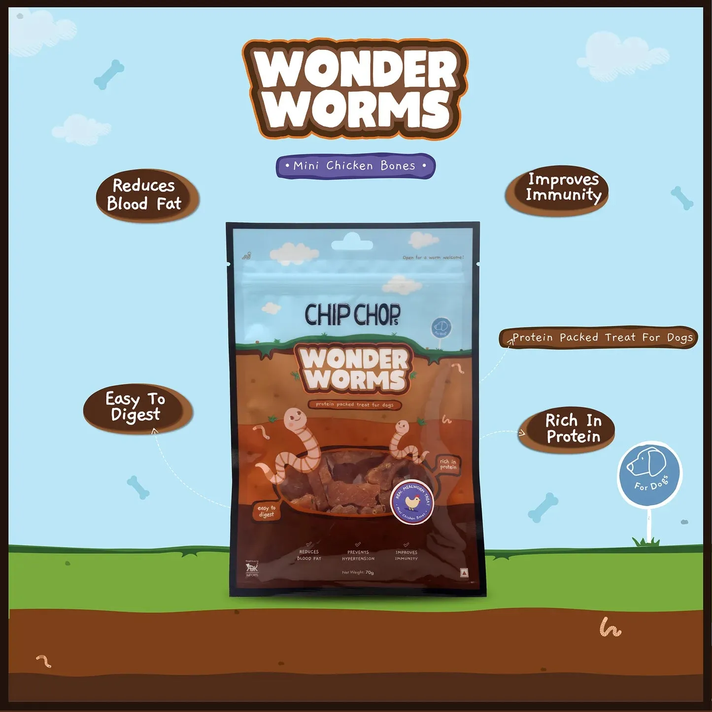 Wonder Worms Mini Chicken Bones With Real Mealworms Dog Treats - 70g