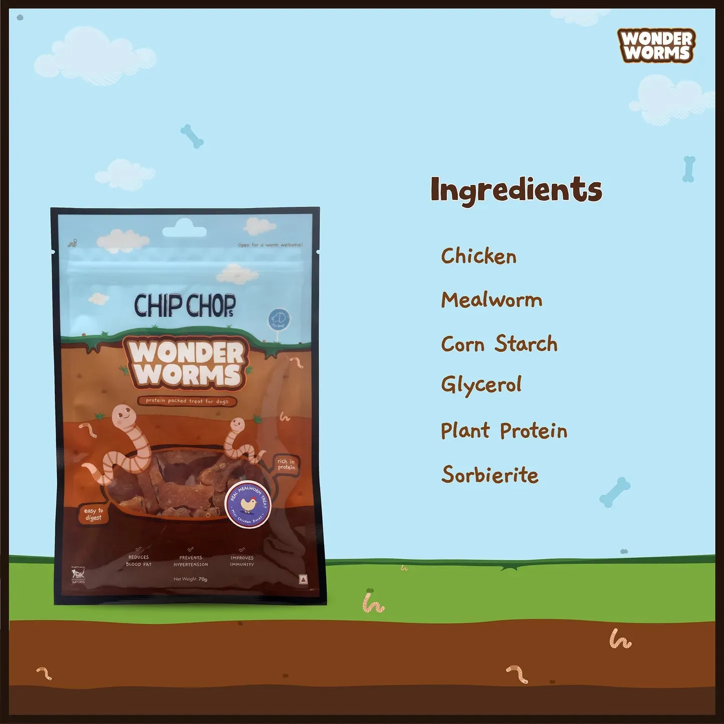 Wonder Worms Mini Chicken Bones With Real Mealworms Dog Treats - 70g